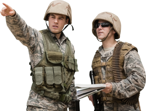 Military pointing away while soldier holding map 