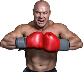 Angry bald boxer with punching gloves