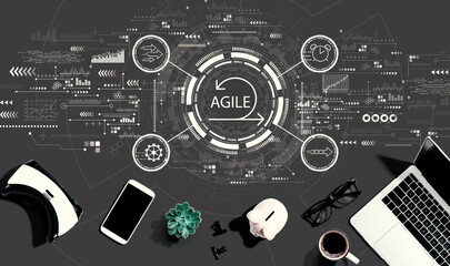 Agile concept with electronic gadgets and office supplies - flat lay