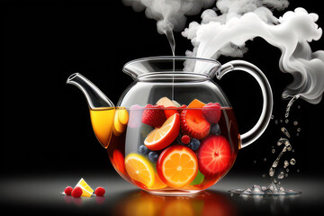 Glass teapot filled with fruits and berries and hot steam coming out of it's top, on a black background. generative ai illustration