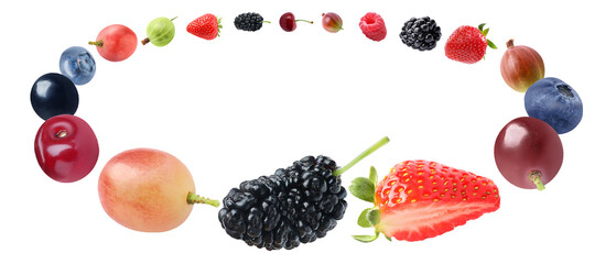 Many different fresh berries flying in circle on white background
