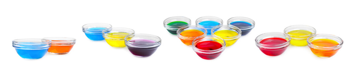 Collage of glass bowls with different food coloring isolated on white