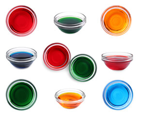 Collage of glass bowls with different food coloring isolated on white