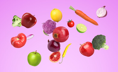 Many fresh vegetables and fruits falling on violet background