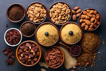 Traditional arabic tea and dry fruits and nuts, flat lay