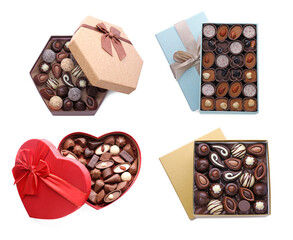 Set of boxes with tasty different chocolate candies on white background, top view