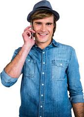 Smiling blonde hipster phone calling