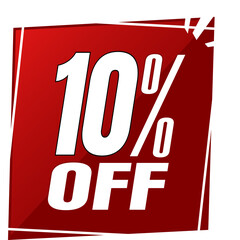 FRAMED BANNER, RED AND WHITE, 10% OFF, PNG WITH TRANSPARENT BACKGROUND, TEXT IN ITALICS.