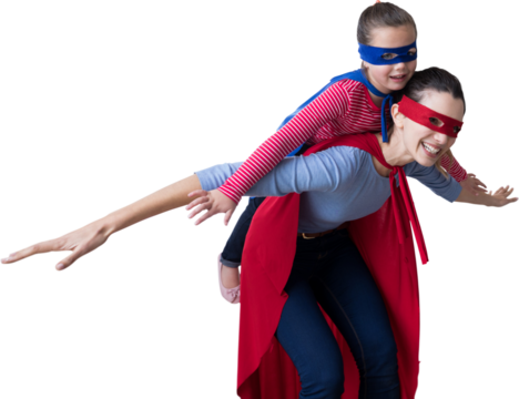 Mother and daughter pretending to be superhero