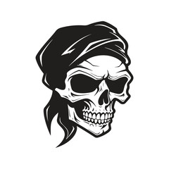 skull wearing bandana, logo concept black and white color, hand drawn illustration