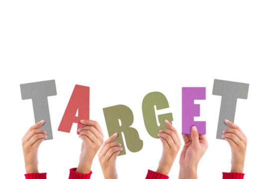 Colorful alphabet spelling target held up by people 