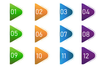 Number bullet points. Triangle pins with number 1 to 12 color object vector illustrator.