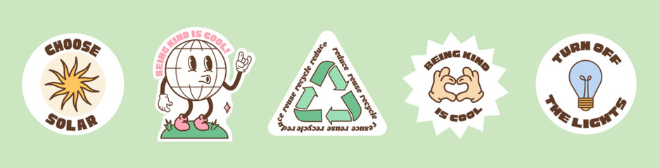 Obraz premium Save the planet stickers in trendy retro cartoon style. Sticker pack for Earth Day. World Environment Day. Funny vector illustration of planet Earth, globe with smiley face. Eco green labels or badges