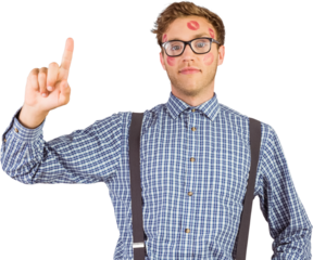 Geeky hipster covered in kisses