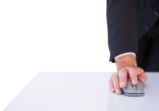 Businessman in suit using mouse - Powered by Adobe