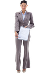 Portrait of a smiling businesswoman showing a contract
