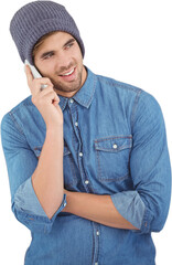 Hipster wearing klnitted hat using mobile phone