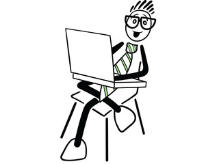 Male cartoon sitting on chair with laptop