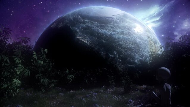 Stoner Extraterrestrial on weed planet watching planet Earth in space star gazing chill vibes trippy background psychedelic animation 3d vj loop visuals 4k pattern