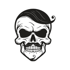 skull with moustache, logo concept black and white color, hand drawn illustration