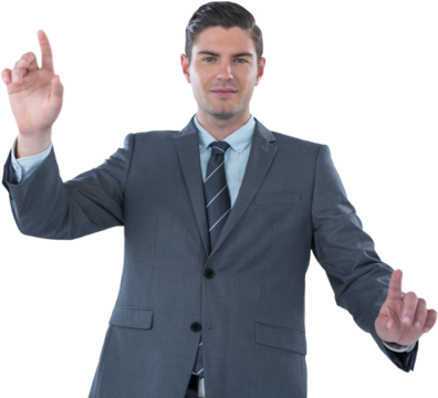 Happy businessman using futuristic digital screen