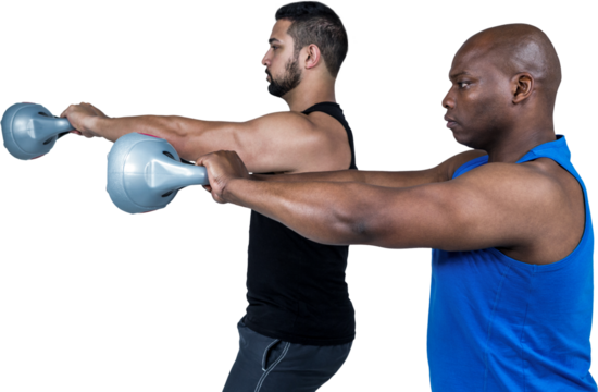 Strong friends lifting kettlebells together - Powered by Adobe