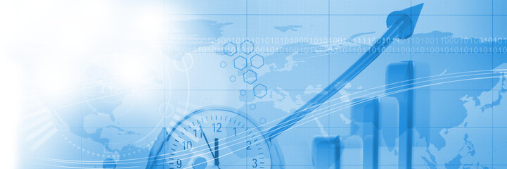 Digital image of clock with graph over world map on screen