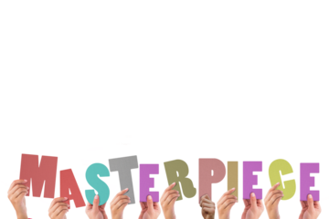 Cropped hands holding colorful word masterpiece