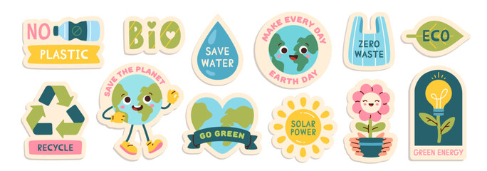 Eco stickers set. Caring for nature and environment. Recycle, save water and planet, stop plastic. Green energy and solar power. Cartoon flat vector illustrations isolated on white background