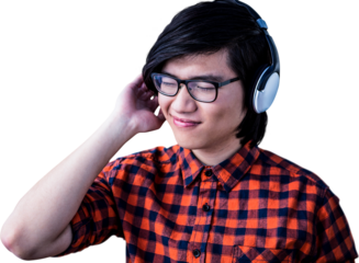 Smiling hipster listening music with headphone