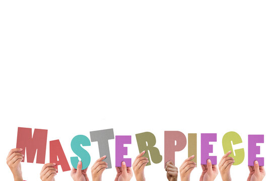 Cropped hands holding colorful word masterpiece