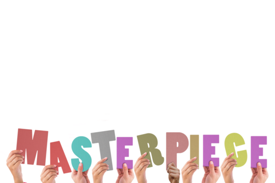 Cropped hands holding colorful word masterpiece