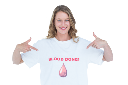 Blood donor showing her t-shirt