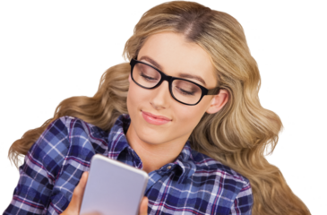 Gorgeous smiling blonde hipster using smartphone