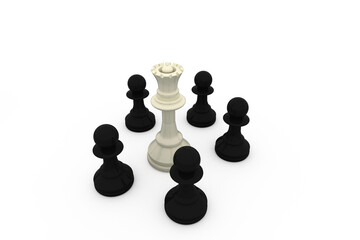 White queen surrounded by black pawns