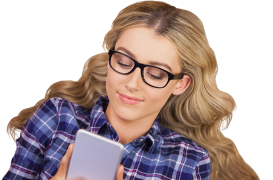 Gorgeous smiling blonde hipster using smartphone