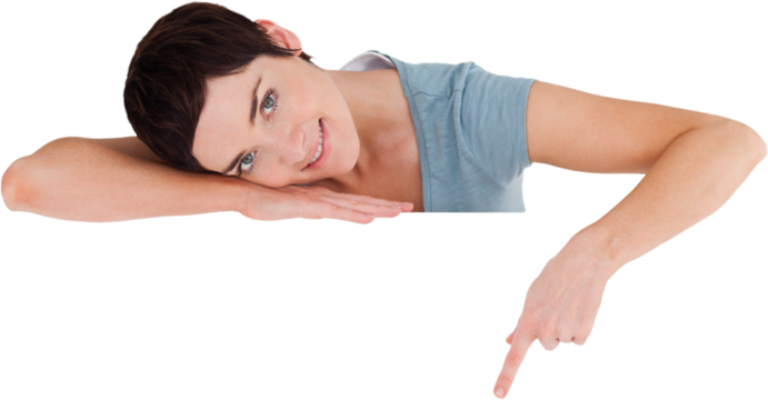 Serene woman pointing at blank space - Powered by Adobe