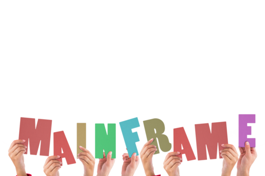 Colorful alphabet spelling mainframe held up by people