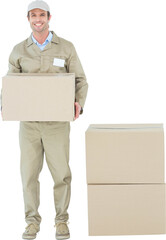 Happy delivery man carrying cardboard box