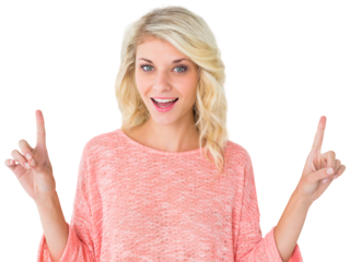 Pretty blonde smiling and pointing up
