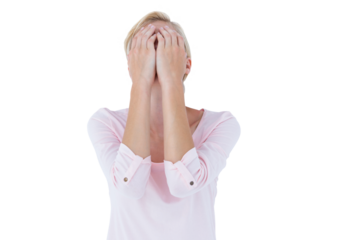 Nervous woman covering her face