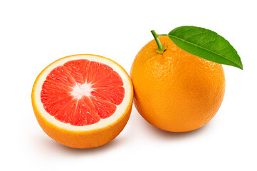 Grapefruits with half and leaves on white background.