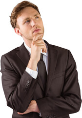 Young businessman thinking with hand on chin
