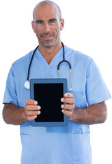 Smiling doctor holding tablet computer