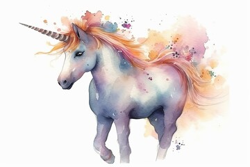 Naklejka na ściany i meble Cute Unicorn Watercolor. Generative AI