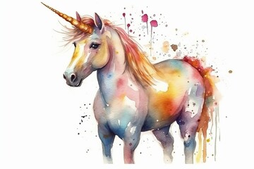 Naklejka na ściany i meble Cute Unicorn Watercolor. Generative AI