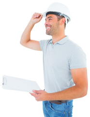 Manual worker wearing hardhat while holding clipboard