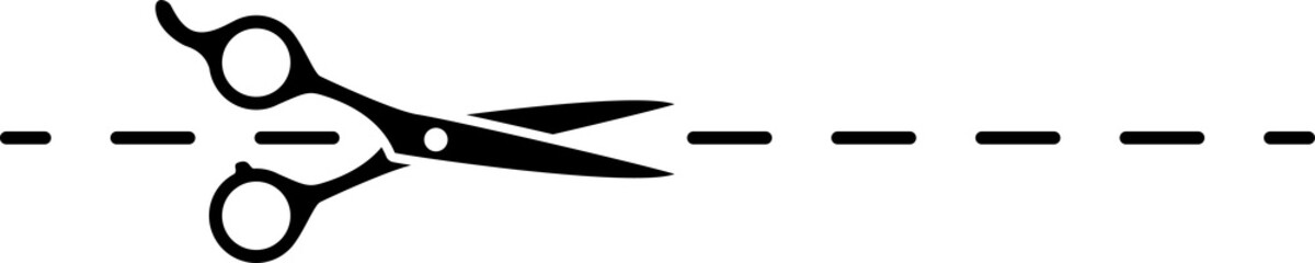 Scissors cutting line, cut here icon, dashed marks