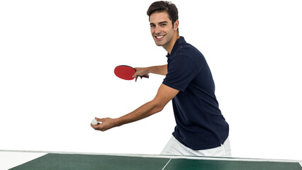 Portrait of happy male athlete playing table tennis
