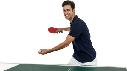 Portrait of happy male athlete playing table tennis